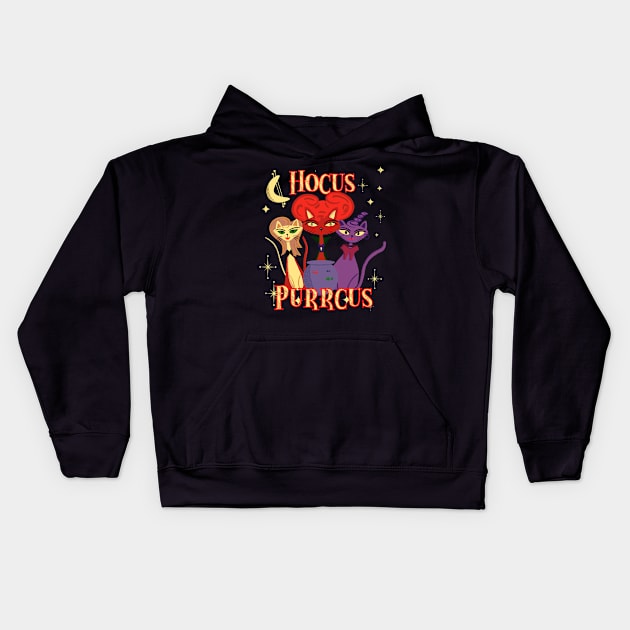 Hocus Purrcus Mid-Century Modern Witch Cats Kids Hoodie by ksrogersdesigns
